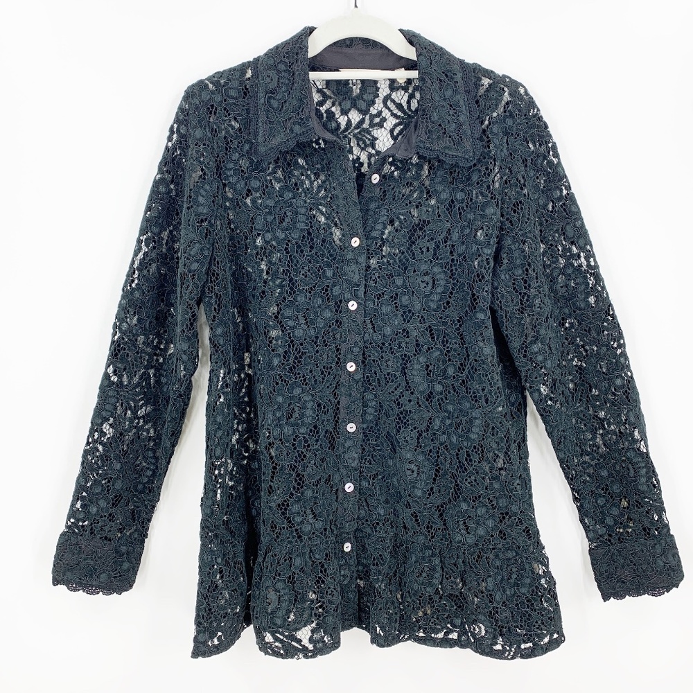 Soft Surroundings Black Floral Flocked Lace Peplum Button Down Sz M